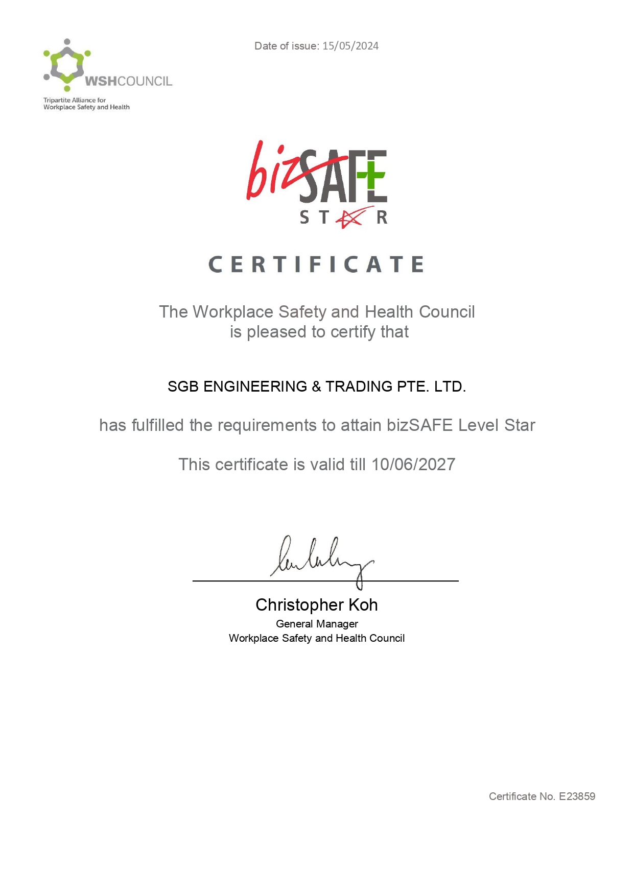 bizSAFE STAR certificate